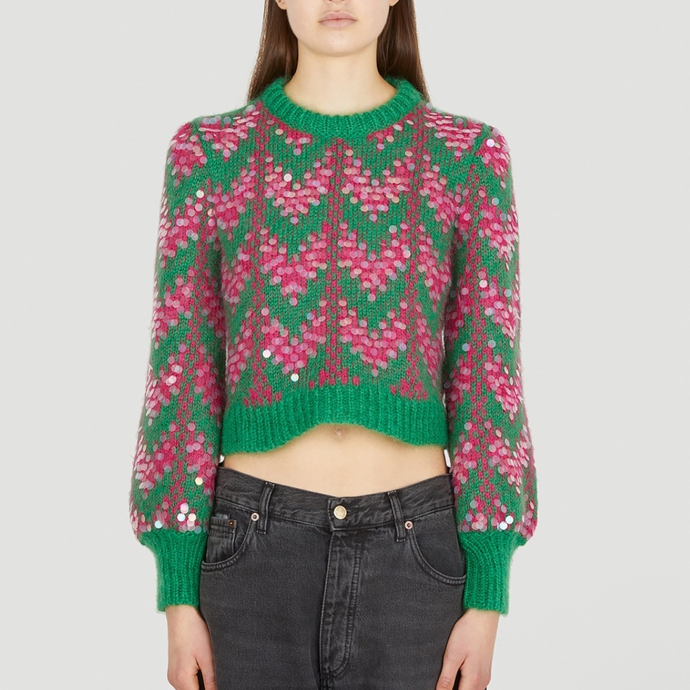 Gucci NEW Mohair Blend Sequin Embellished Chevron Green Pink Pullover Sweater Sm